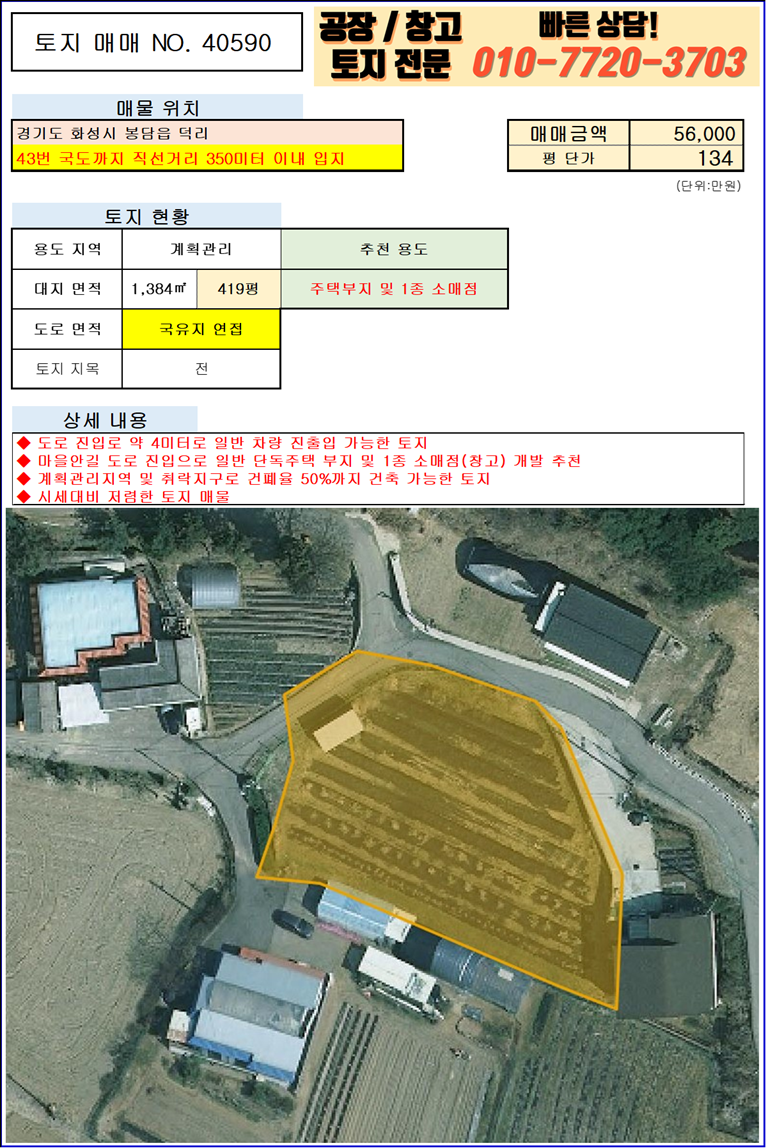 경기 화성효행구 봉담읍 덕리 화성 정남면 봉담읍 덕리 419평 토지 급매: 계획 관리, 건축 가능! 매매 매물번호 10123 사진 2