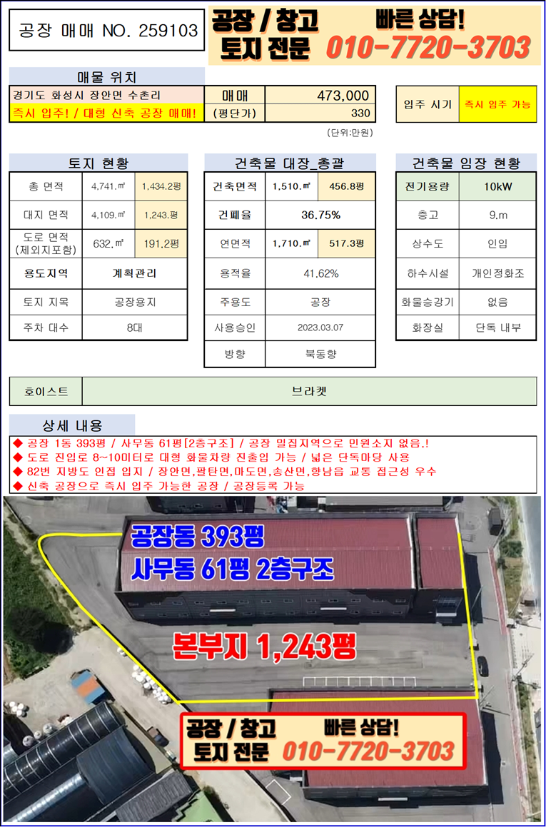 경기 화성만세구 장안면 수촌리 화성 장안면 수촌리 457평 대형 신축 공장 매매: 즉시 입주 가능! 매매 매물번호 10085 사진 3