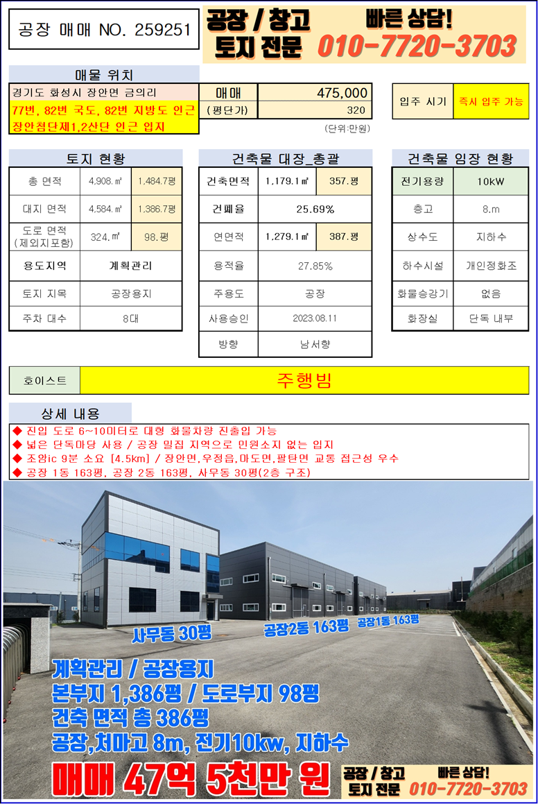 경기 화성만세구 장안면 금의리 화성 장안면 금의리 356평 공장 매매: 신축 공장, 즉시 입주, 조암IC 9분거리 매매 매물번호 10097 사진 4